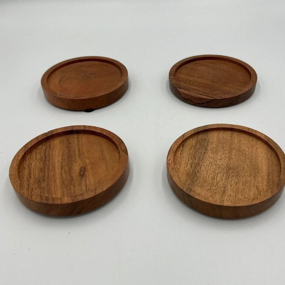 Wood Coasters Unisex OS Brown Very Good Round Recessed Set of 4